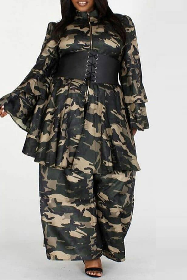 

Lovely Casual Camo Print Army Green Two-piece Pants Set, Army green camouflag