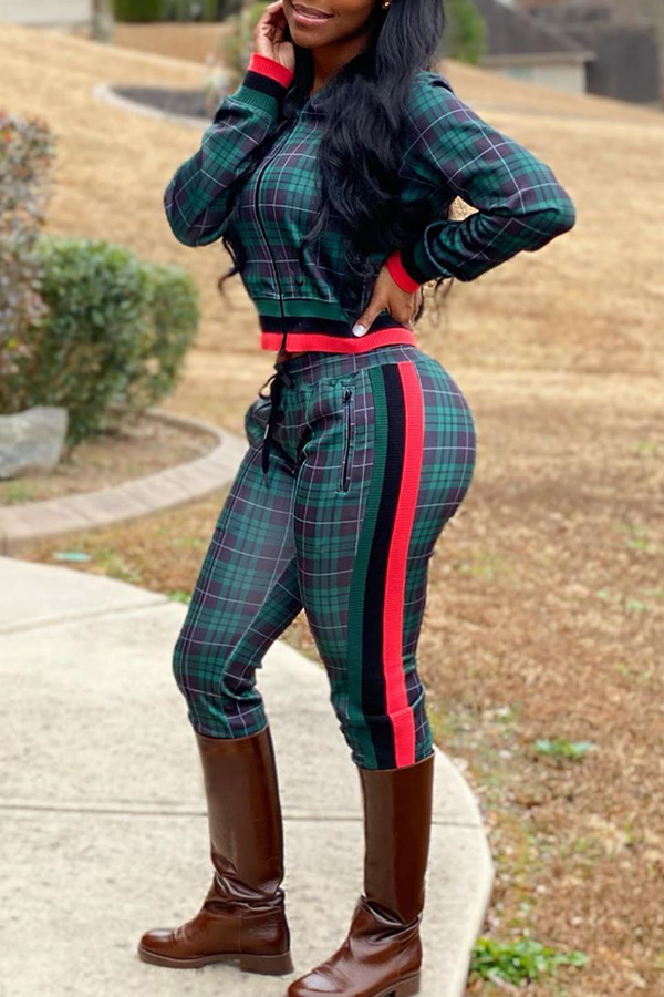 

Lovely Casual Plaid Print Green Two-piece Pants Set