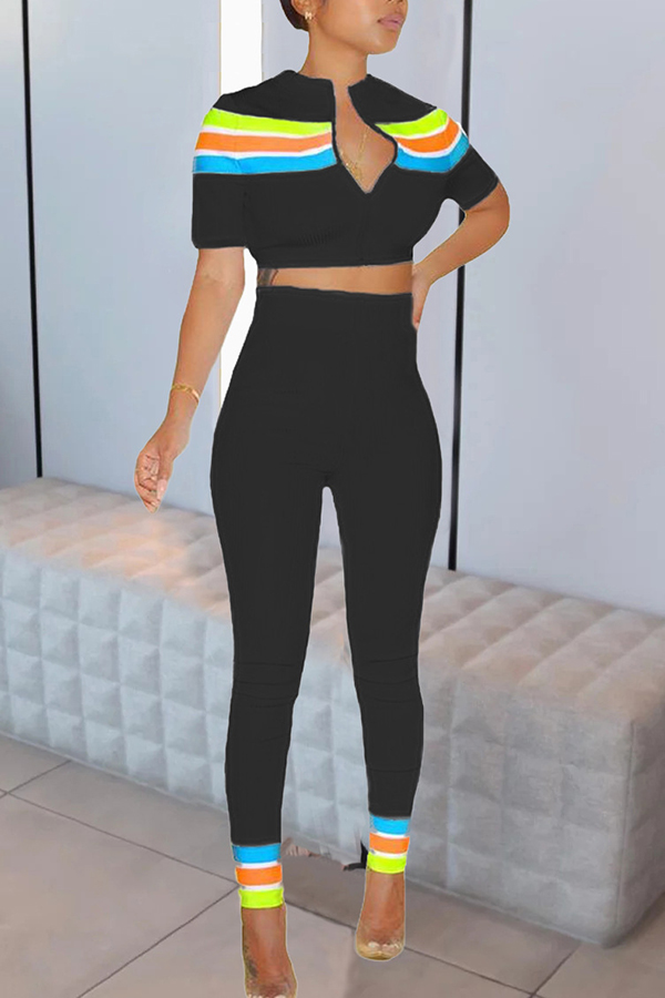 

Lovely Casual Patchwork Black Two-piece Pants Set