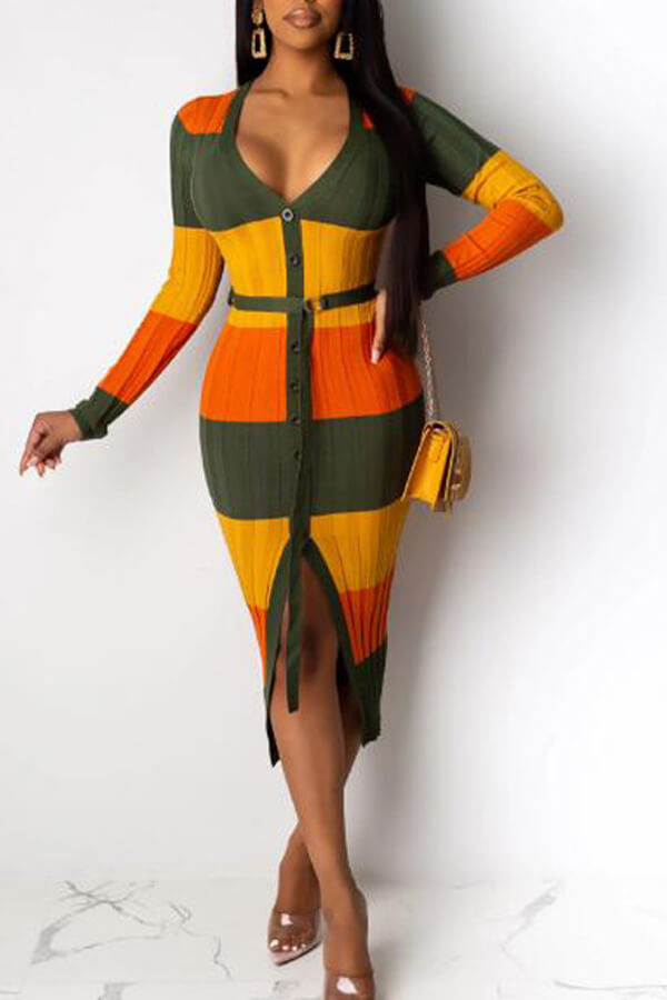 

Lovely Casual Striped Jacinth Mid Calf Dress