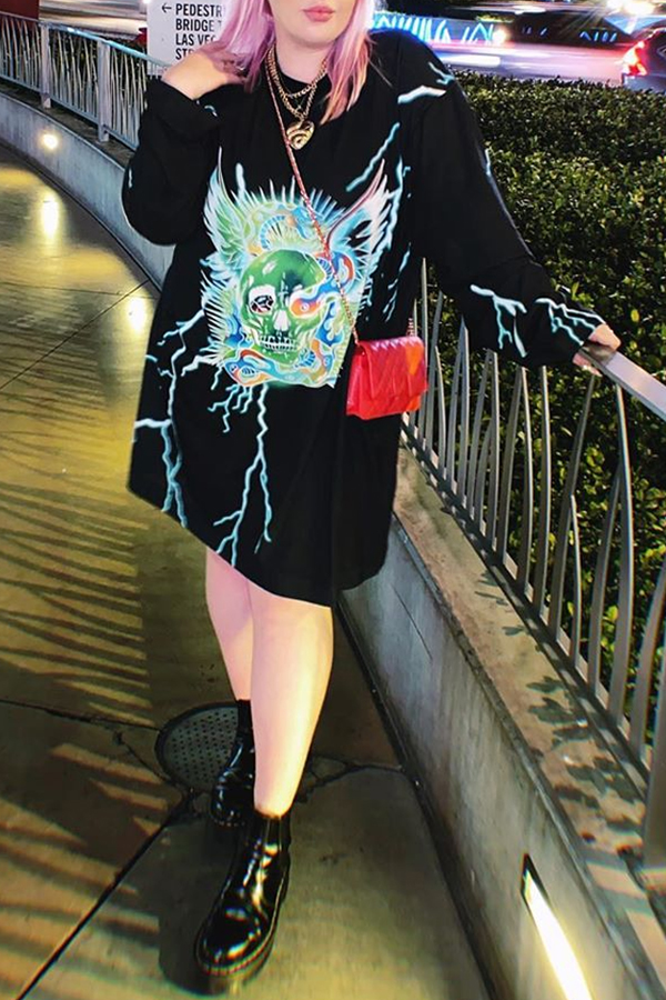 

Lovely Casual Print Black Knee Length Straight Plus Size Dress