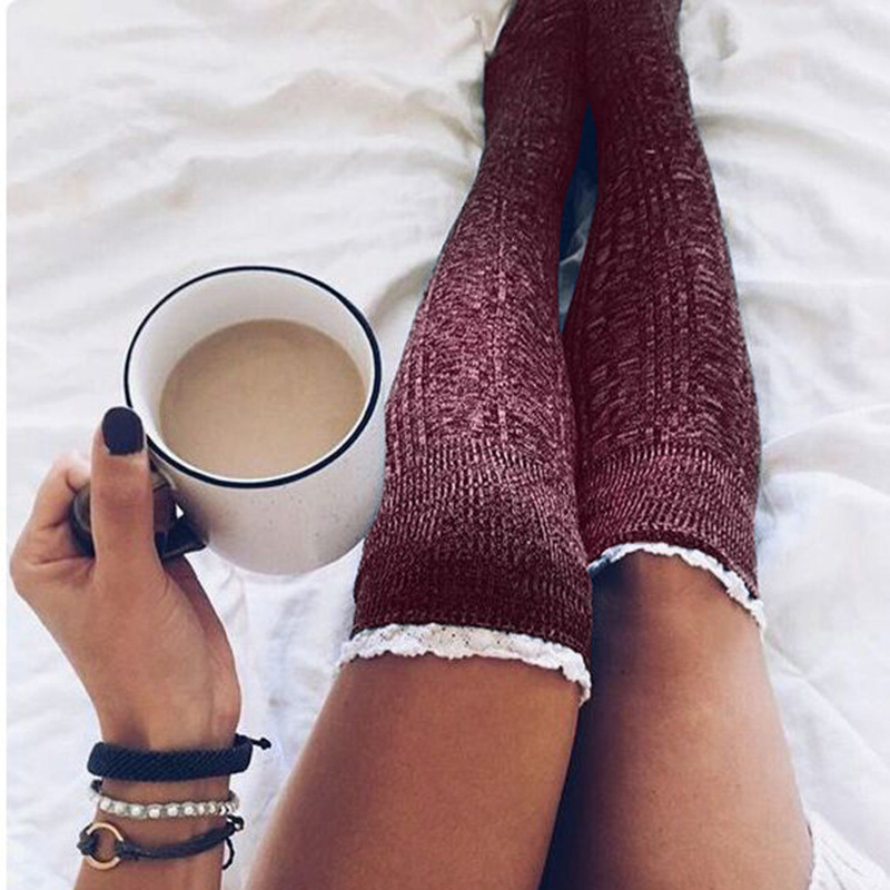 Lovely Chic Patchwork Lace Wine Red Socks