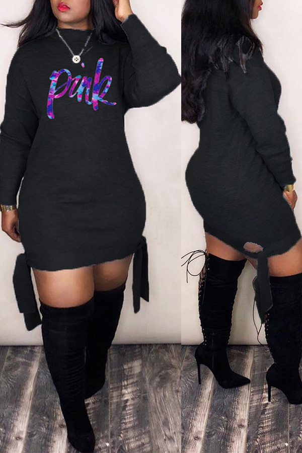 

Lovely Casual Letter Print Black Mini Dress