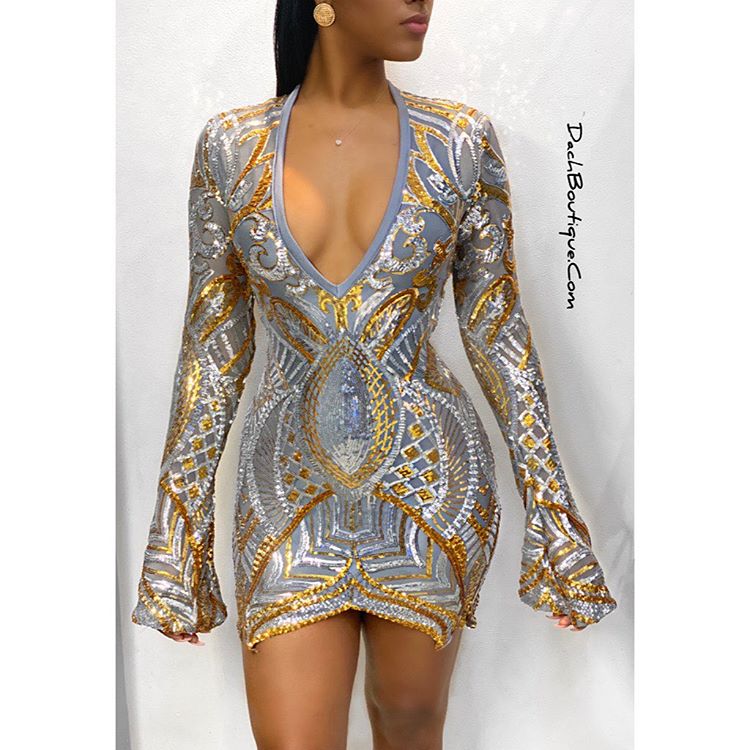 Lovely Party V Neck Gold Mini Dress