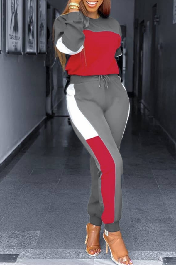 

Lovely Trendy O Neck Patchwork Red Two-piece Pants Set