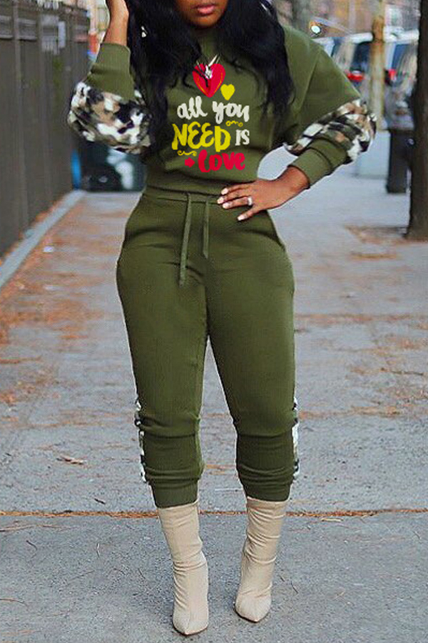 

Lovely Casual Letter Print Grey Two-piece Pants Set, Green
