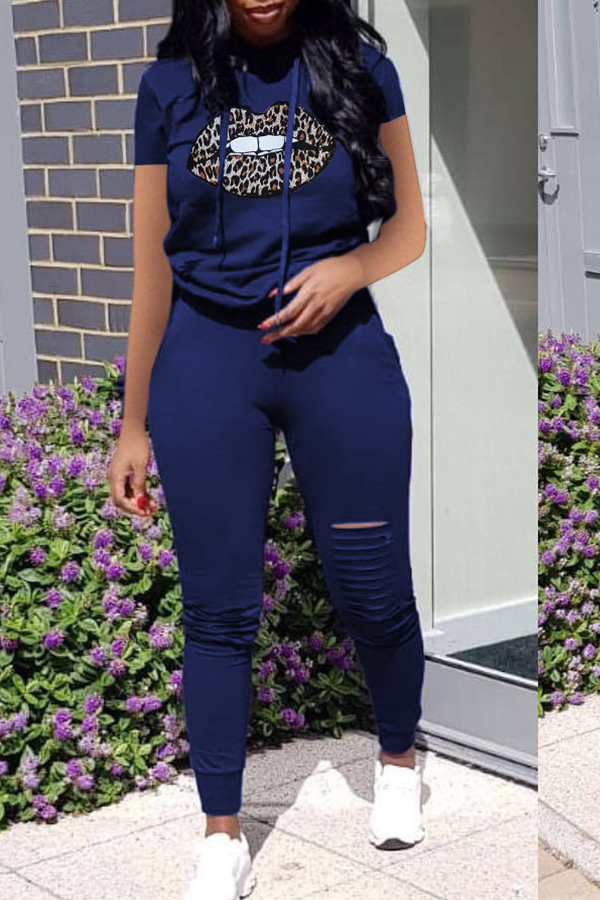 

Lovely Casual Hooded Collar Print Blue Two-piece Pants Set