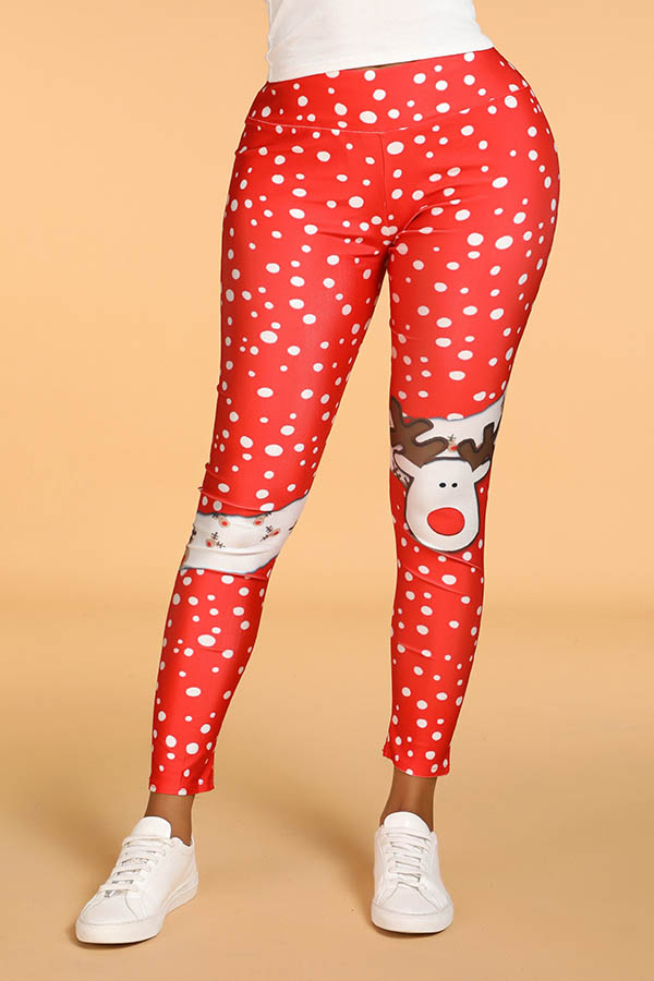 

Lovely Leisure Deer Print Red Leggings