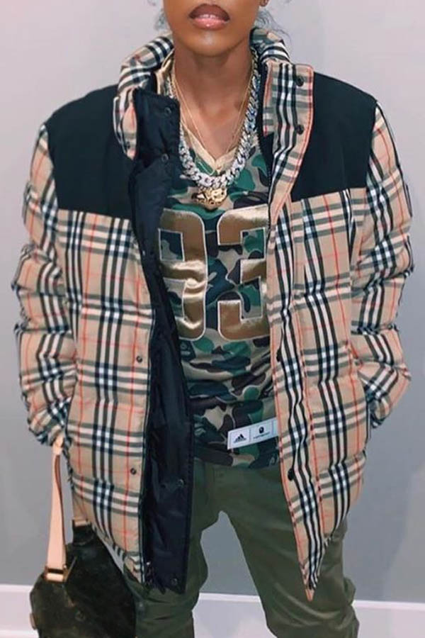 

Lovely Casual Plaid Khaki Winter Coat