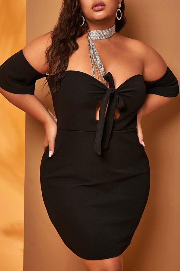 

Lovely Trendy Dew Shoulder Black Plus Size Mini Dress