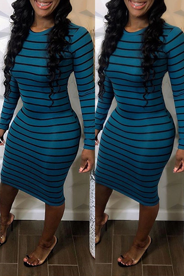 

Lovely Casual Striped Blue Knee Length Dress