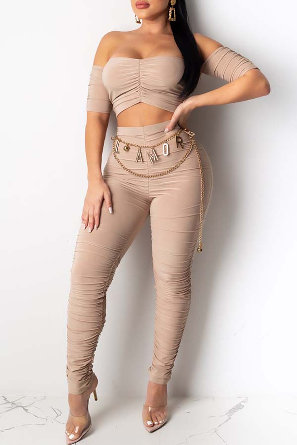 

Lovely Trendy Dew Shoulder Apricot Two-piece Pants Set
