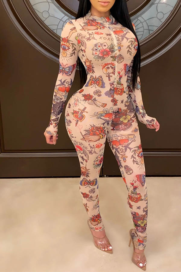 

Lovely Chic Print Skinny Apricot One-piece Jumpsuit