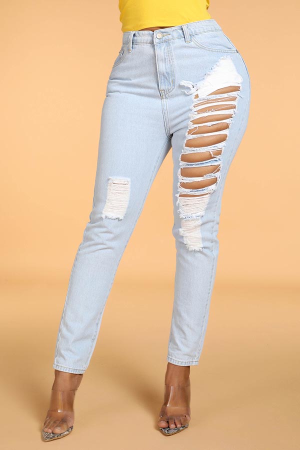 

Lovely Casual Broken Holes Baby Blue Jeans