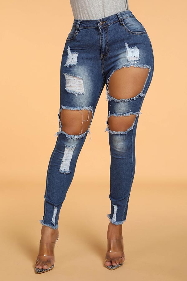 

Lovely Trendy Hollow-out Deep Blue Jeans