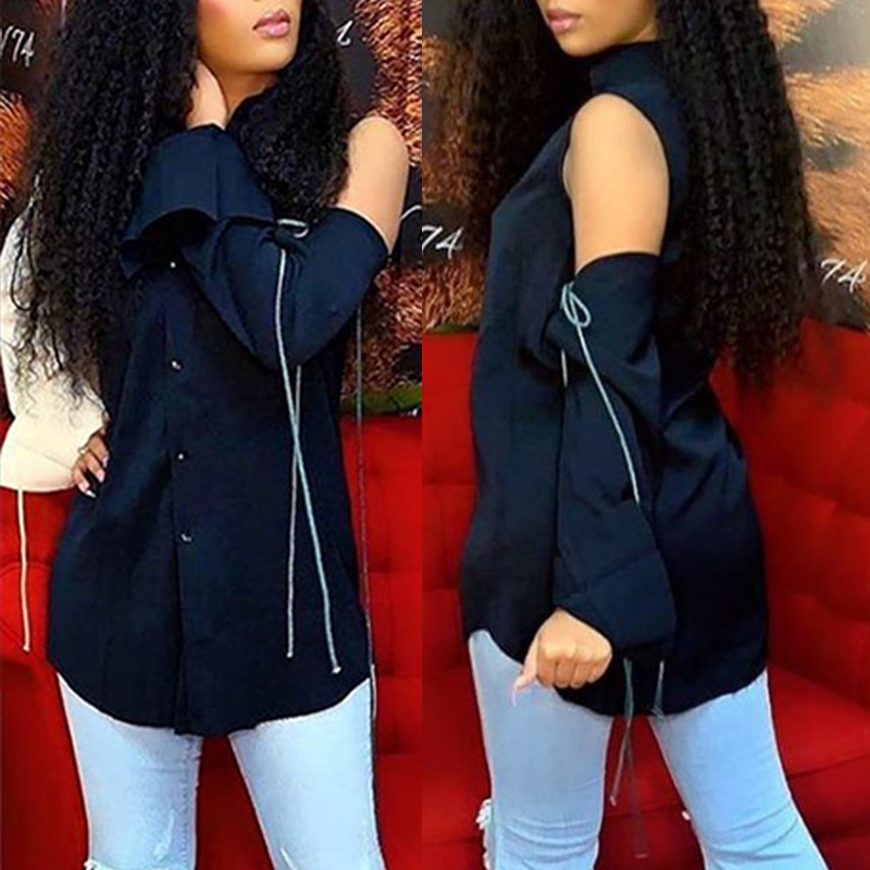 

Lovely Casual Patchwork Hollow-out Deep Blue Blouse