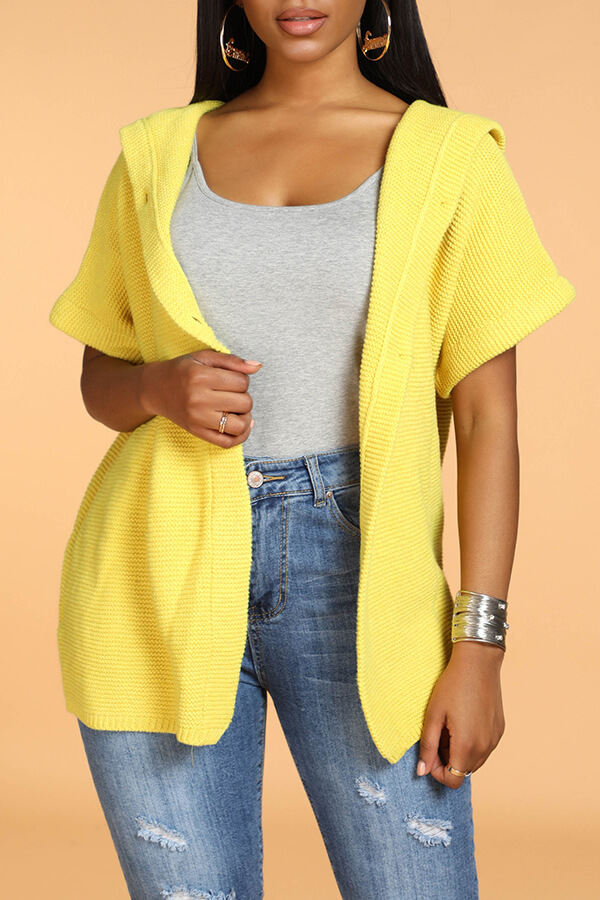

Lovely Casual Hooded Collar Yellow Cardigan