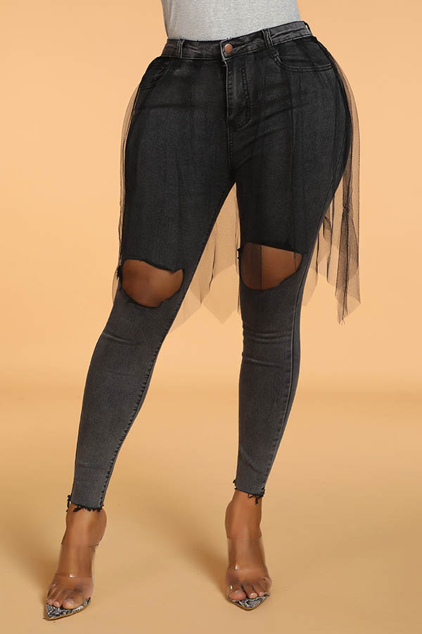 

Lovely Casual Patchwork Hollow-out Black Jeans