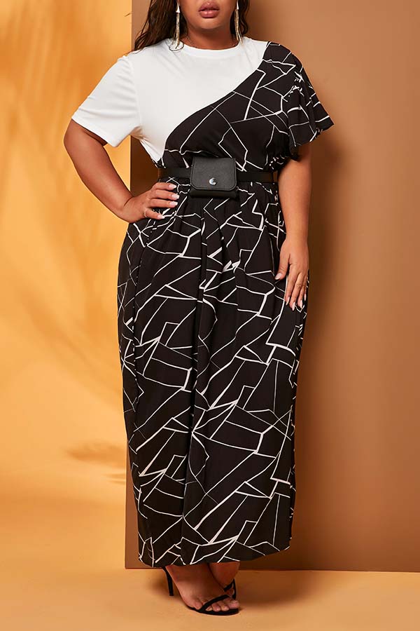 

Lovely Chic Patchwork Print Black Ankle Length Plus Size Dress