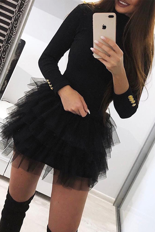 

Lovely Trendy Flounce Patchwork Black Mini Dress
