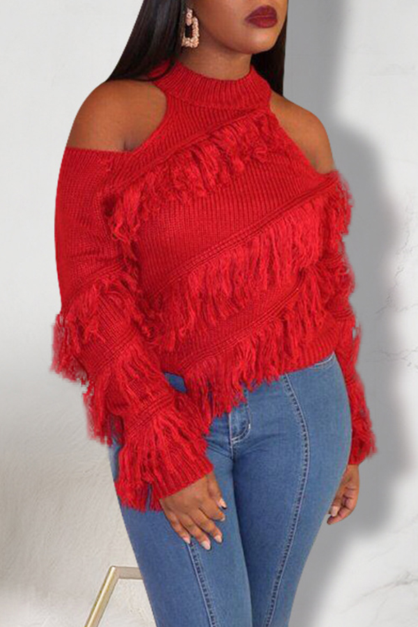 

Lovely Casual Dew Shoulder Red Sweater