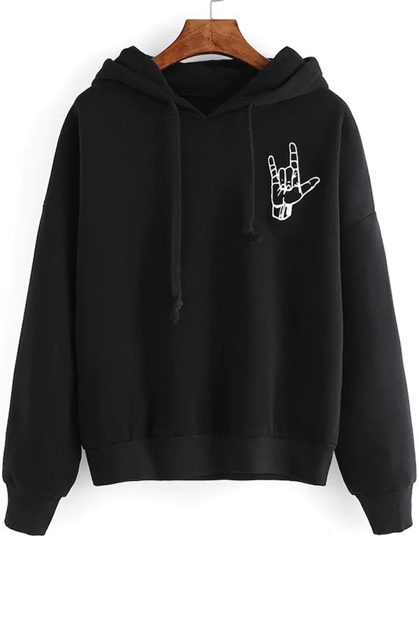 

Lovely Casual Hooded Collar Print Black Hoodie