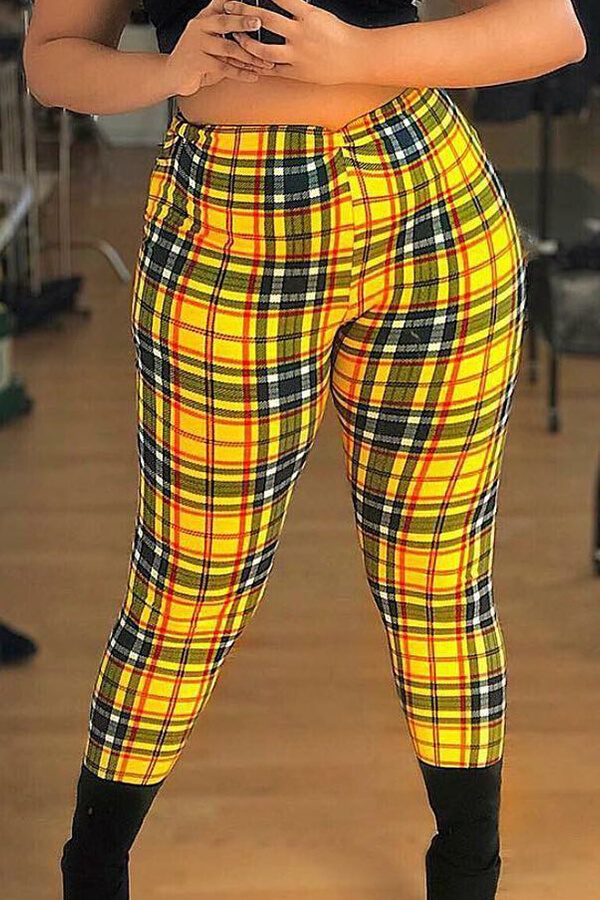 Lovely Casual Plaid Print Yellow Pants