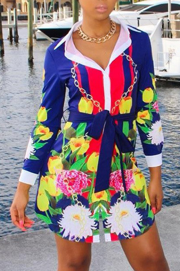 

Lovely Print V Neck Print Blue Mini Dress