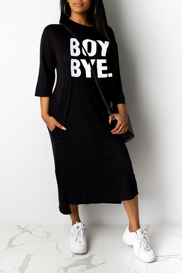 

Lovely Casual Letter Loose Black Mid Calf Dress
