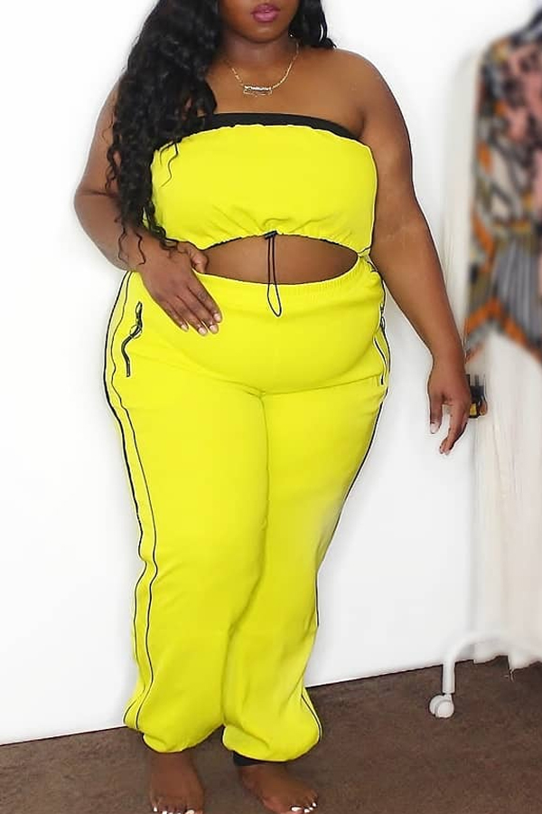 

Lovely Casual Crop Top Yellow Plus Size Two-piece Pants Set