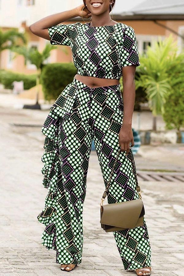 

Lovely Bohemian Flounce Design Green Two-piece Pants Set