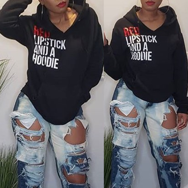 

Lovely Casual Letter Print Black Hoodie
