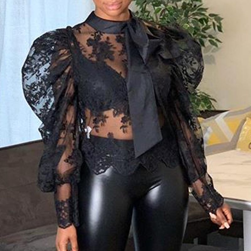 

Lovely Casual See-through Black Blouse