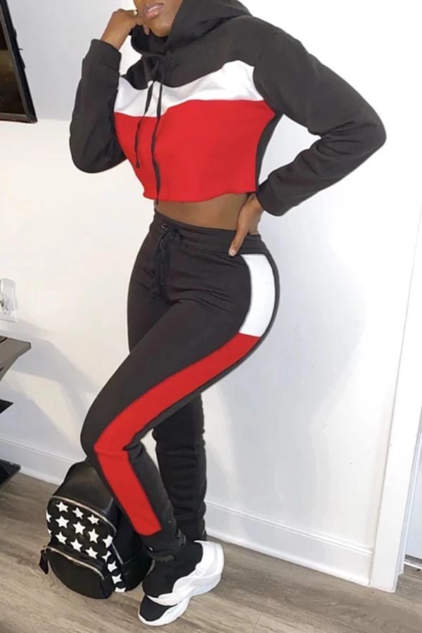 

Lovely Leisure Patchwork Crop Top Black Two-piece Pants Set