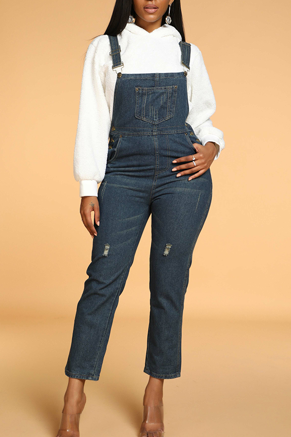 

Lovely Casual Basic Blue Denim One-piece Jumpsuit