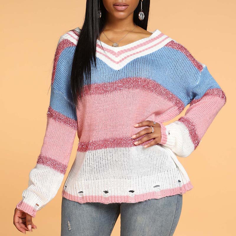 

Lovely Casual Color-lump Patchwork Pink Sweater