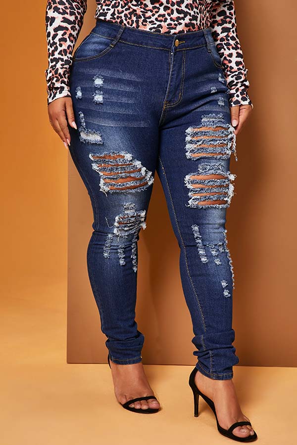

Lovely Casual Hollow-out Deep Blue Plus Size Jeans
