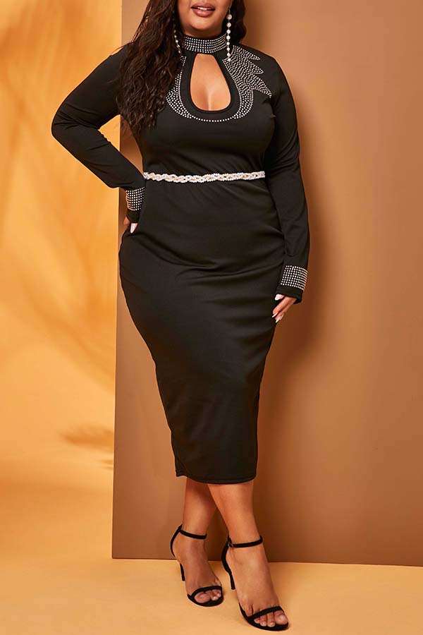 

Lovely Sexy Hollow-out Black Mid Calf Plus Size Dress