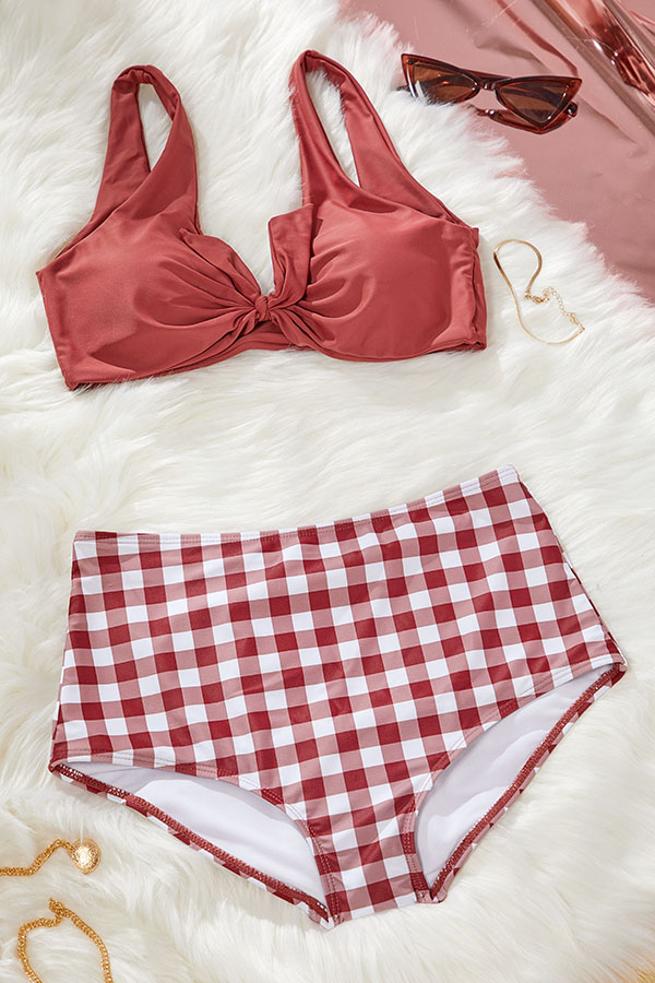 

Lovely Plaid Print Red Two-piece Swimsuit