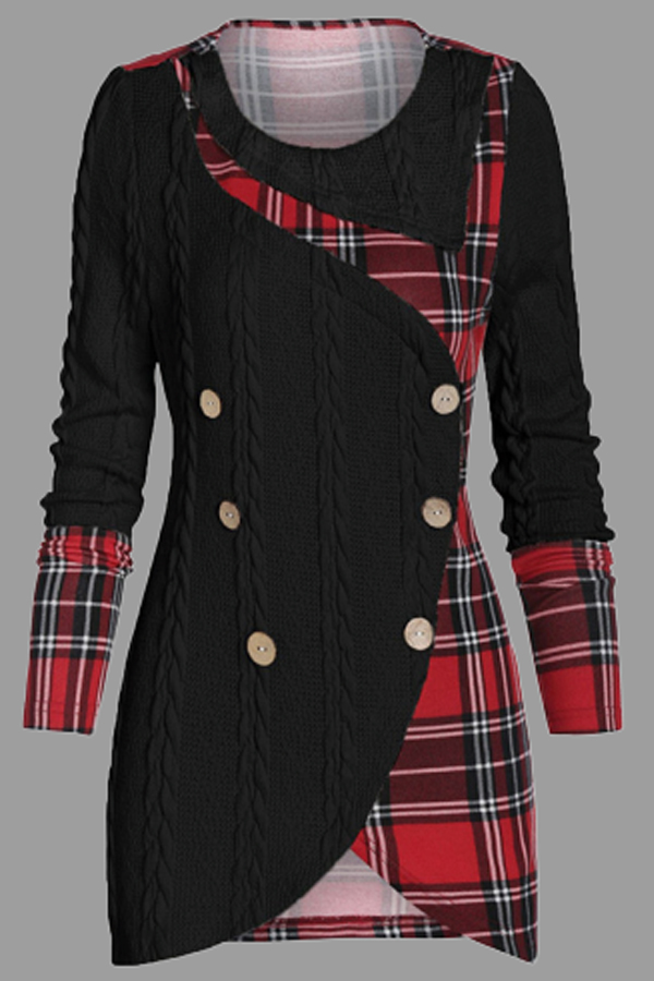 

Lovely Casual Patchwork Plaid Black Plus Size Sweater