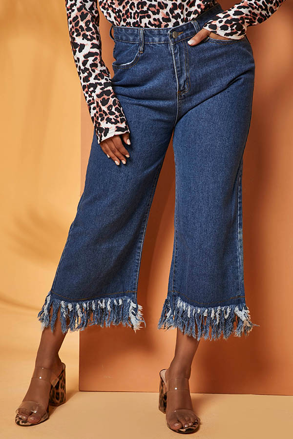 

Lovely Casual Tassel Design Deep Blue Jeans