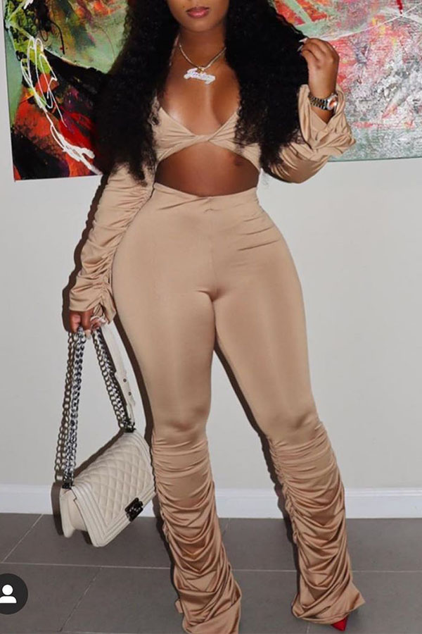 

Lovely Sexy V Neck Ruffle Design Khaki Two-piece Pants Set