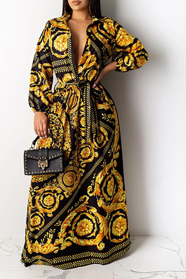 

Lovely Party Print Loose Gold Maxi Dress