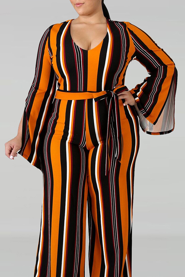 

Lovely Casual Striped Yellow Plus Size One-piece Jumpsuit, Yellow stripes