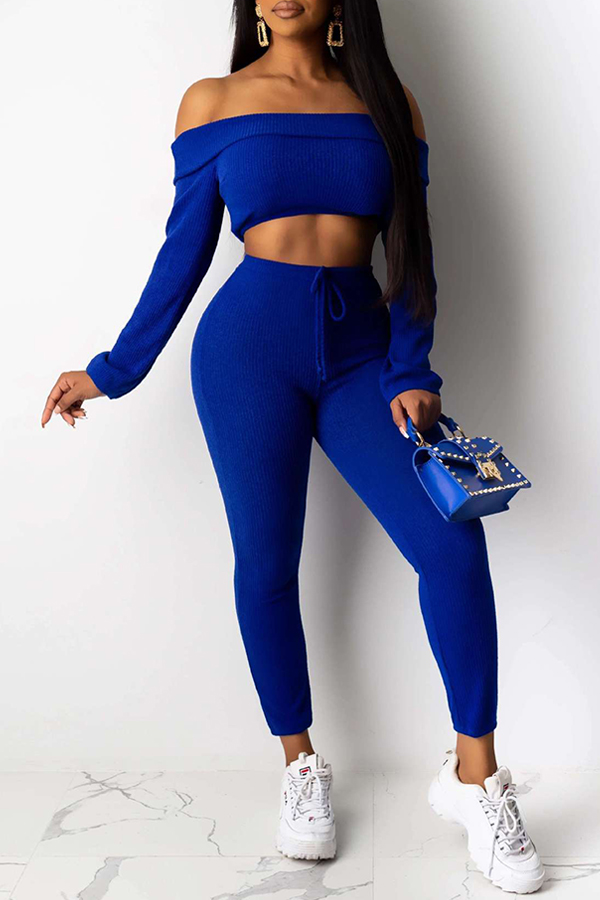 

Lovely Casual Crop Top Blue Two-piece Pants Set