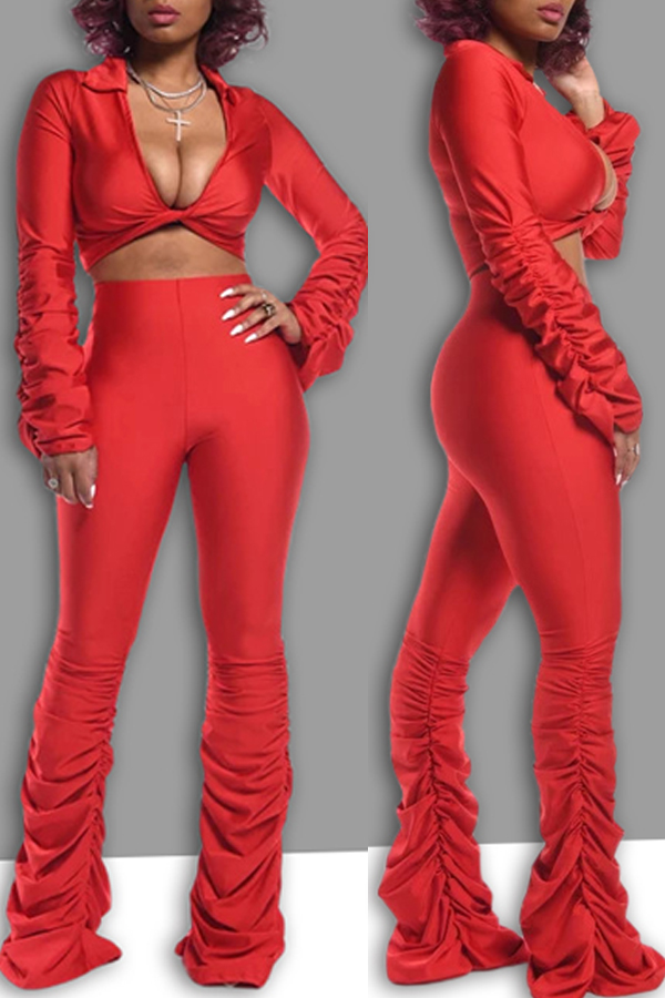 

Lovely Sexy V Neck Ruffle Design Red Two-piece Pants Set