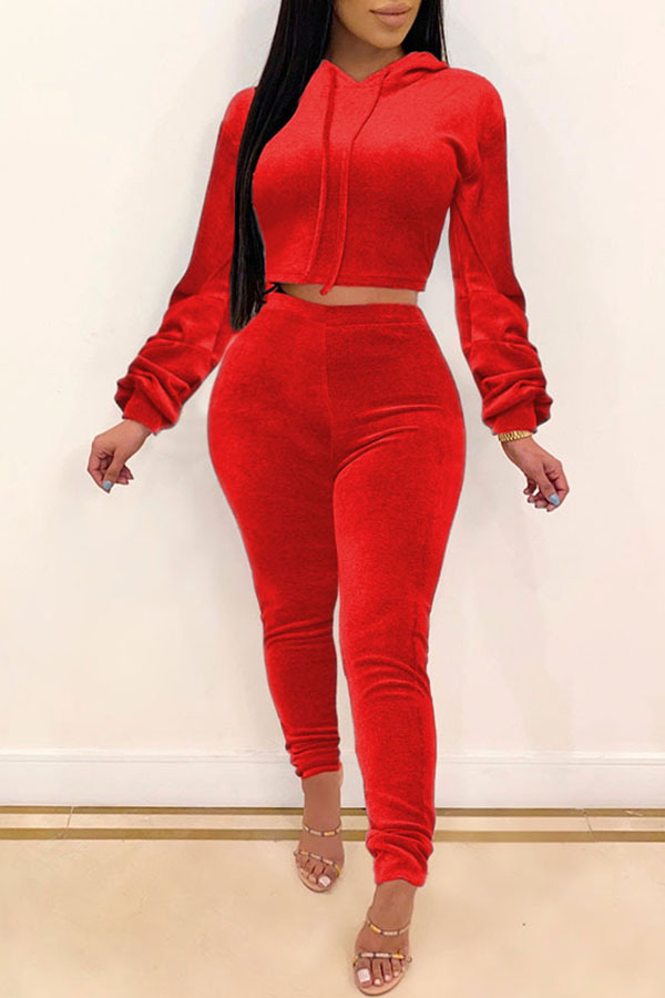 Lovely Casual Hooded Collar Red Two-piece Pants Set