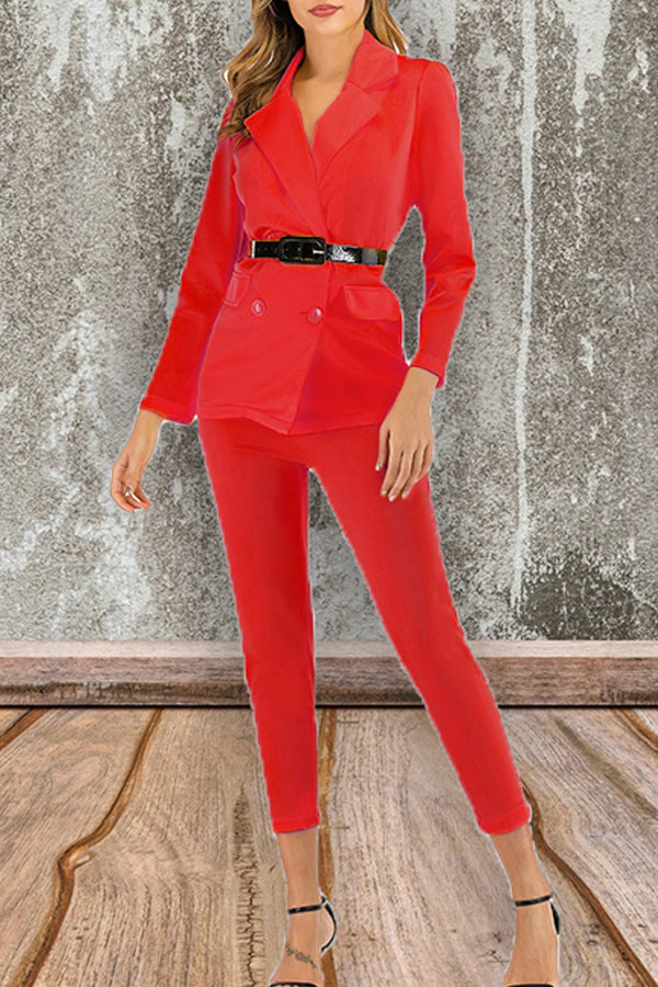 

Lovely Work Turn-back Collar Red Two-piece Pants Set(Without Belt