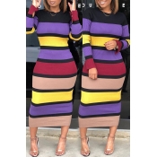 Lovely Casual Striped Purple Mid Calf Dress