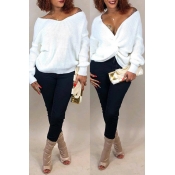 Lovely Casual V Neck Cross-over Design White Sweat